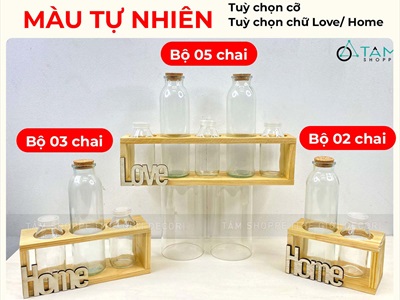 Bộ khung gỗ chữ nhật kèm lọ thuỷ tinh cắm hoa thuỷ canh [3 màu - 3 size] BINHLOHOA-05